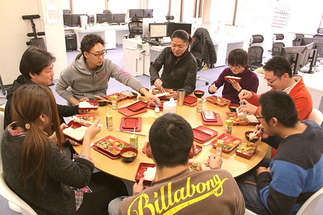 Lunch time around the table with everyone.Getting energized for the afternoon's work.